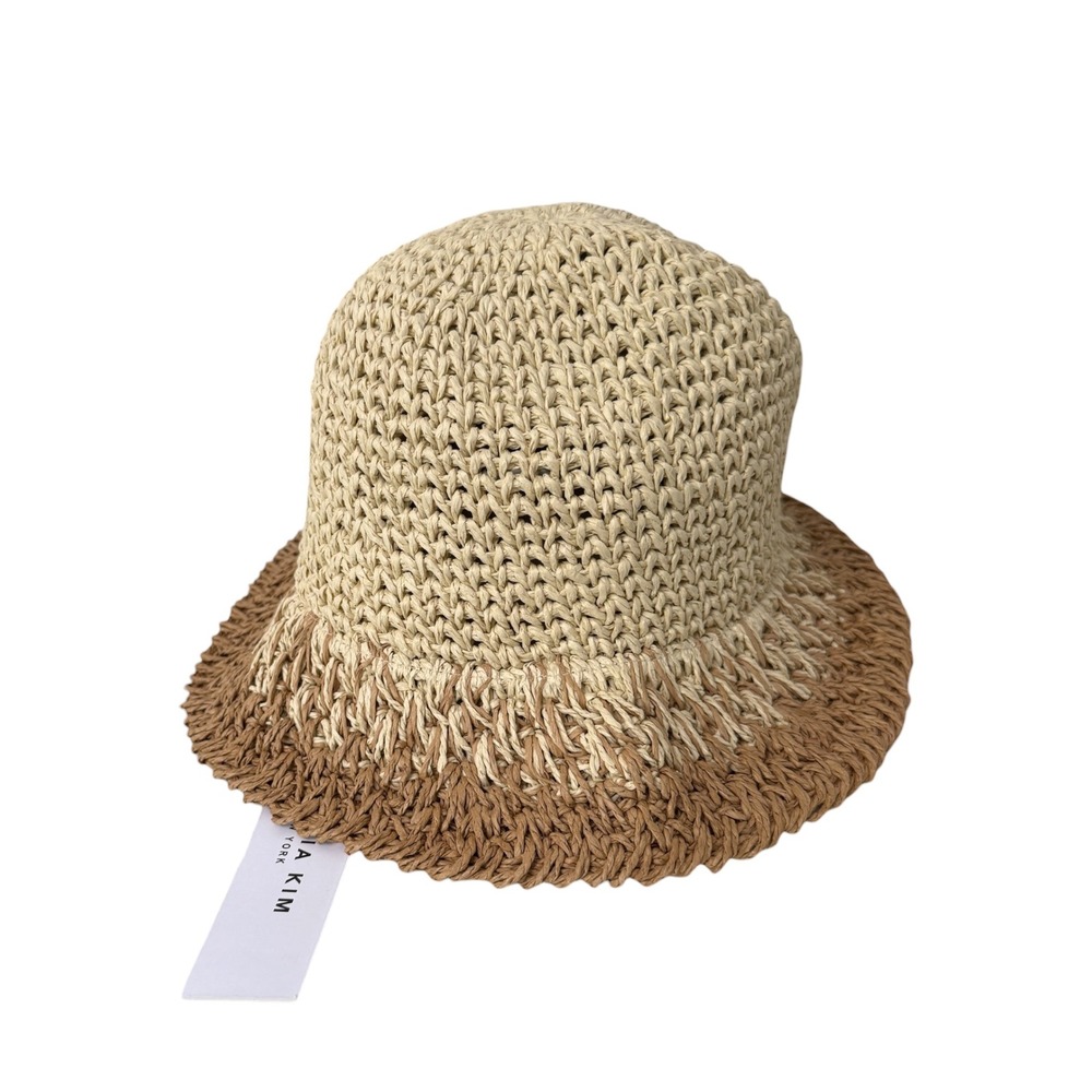 New Eugenia Kim Straw Bucket Hat Womens One Size Tan Two Tone Woven Adjustable